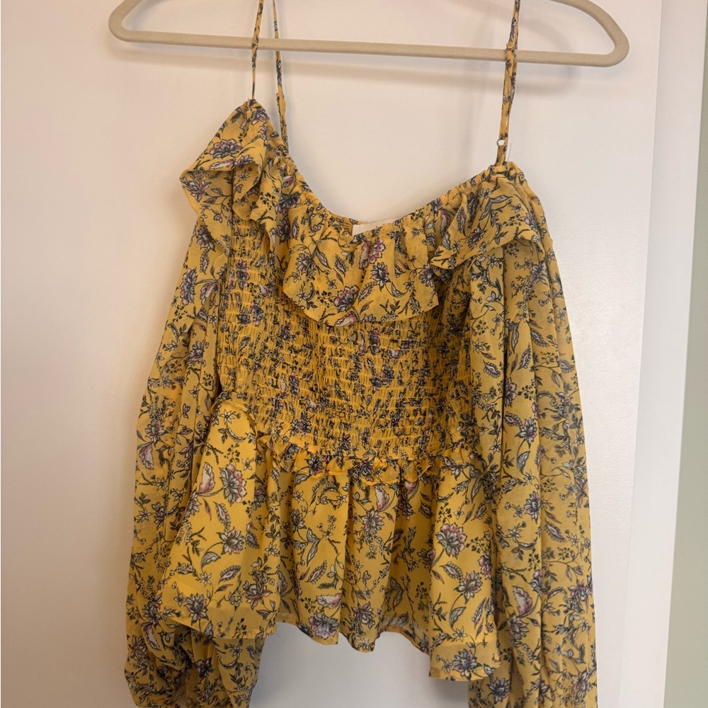 ASTR Yellow Floral Smocked Ruffle Camisole